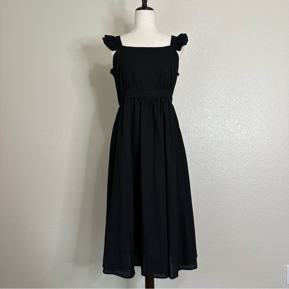 NWT Lumiere Linen Blend Black Ruffled Sleeves Tie-Back Midi Skirt, Sz Large